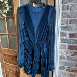 Endless Rose Deep V-Neck Ruched Ruffle Green‎ Velvet Mesh Long Sleeve Dress Med